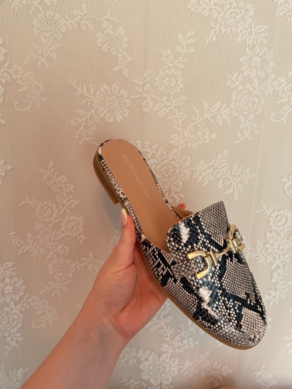 BCBGeneration Snake-Print Backless Mule with Gold Hardware